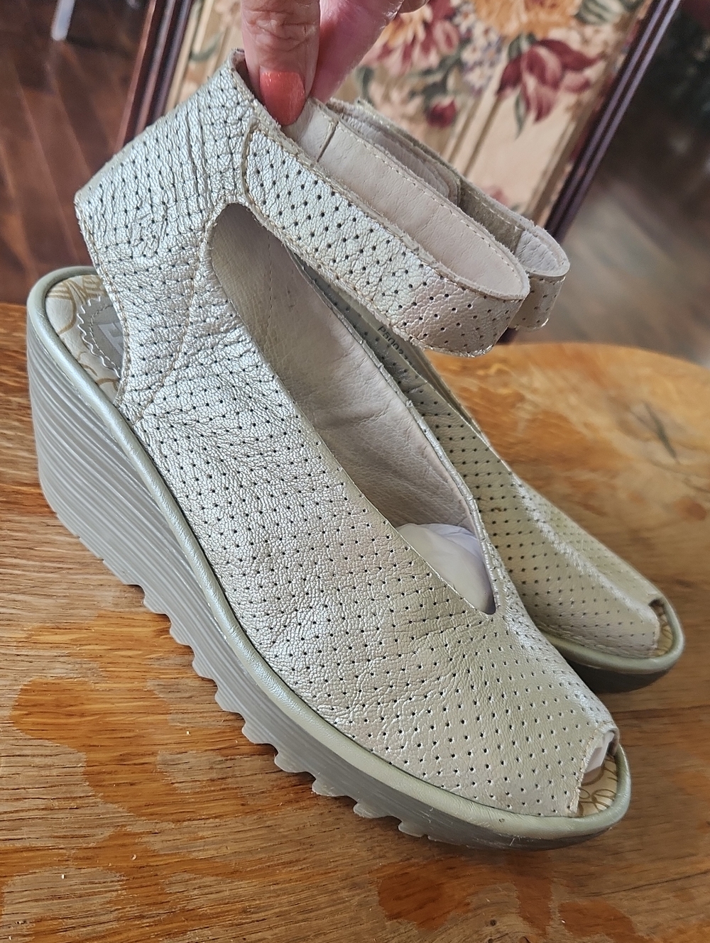 Fly London sz 38  Metallic silver shoe wedge style us 7.5-8